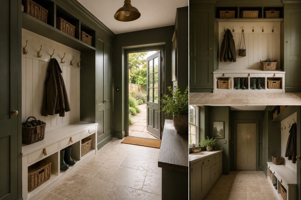 Cozy green the mud room with rustic details