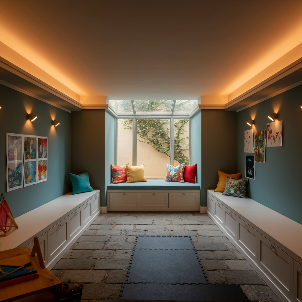 children's playroom in a converted Victorian basement
