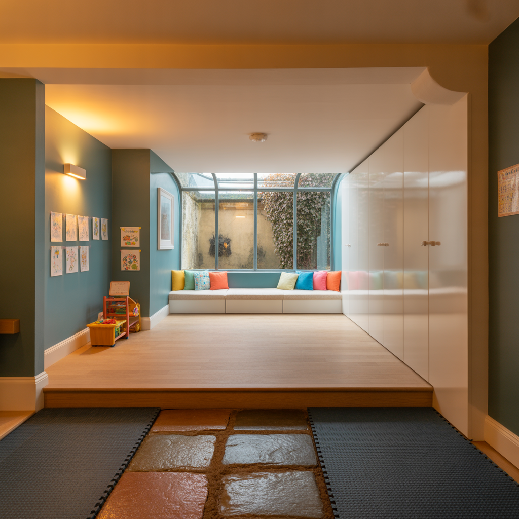 kids playroom in a converted Victorian basement